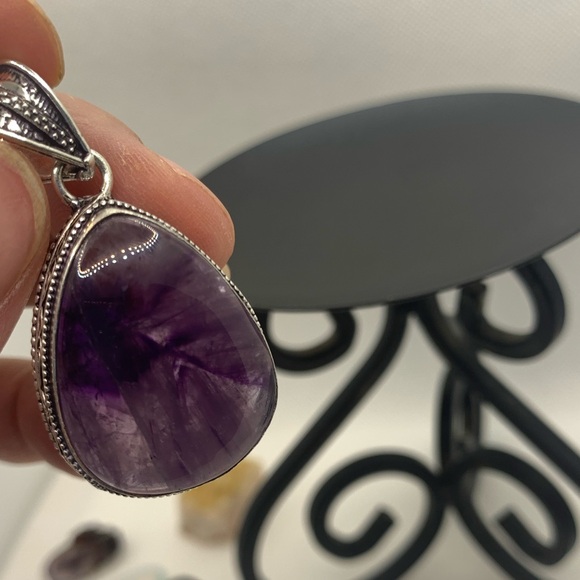 Unique Natural Starburst Amethyst Pendant, Vintage Setting, 925 Sterling Overlay - Picture 5 of 15